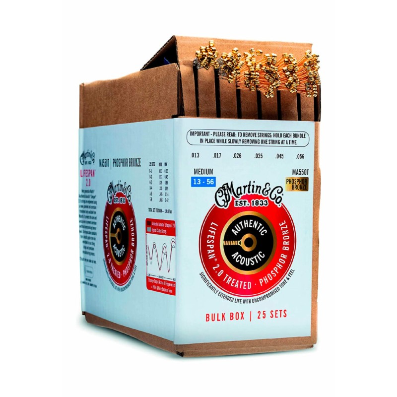 Cuerdas para guitarra, Martin MA550T Medium, Caja con 25 paquetes.